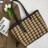 Bolso de mano de paja tejido de gran capacidad de inspiración vintage con patrón de rejilla negra: elegante para llevar en el hombro y las axilas, ideal para la playa, desplazamientos diarios y regalos navideños, disponible en negro, bolso de paja, tejido - details 7