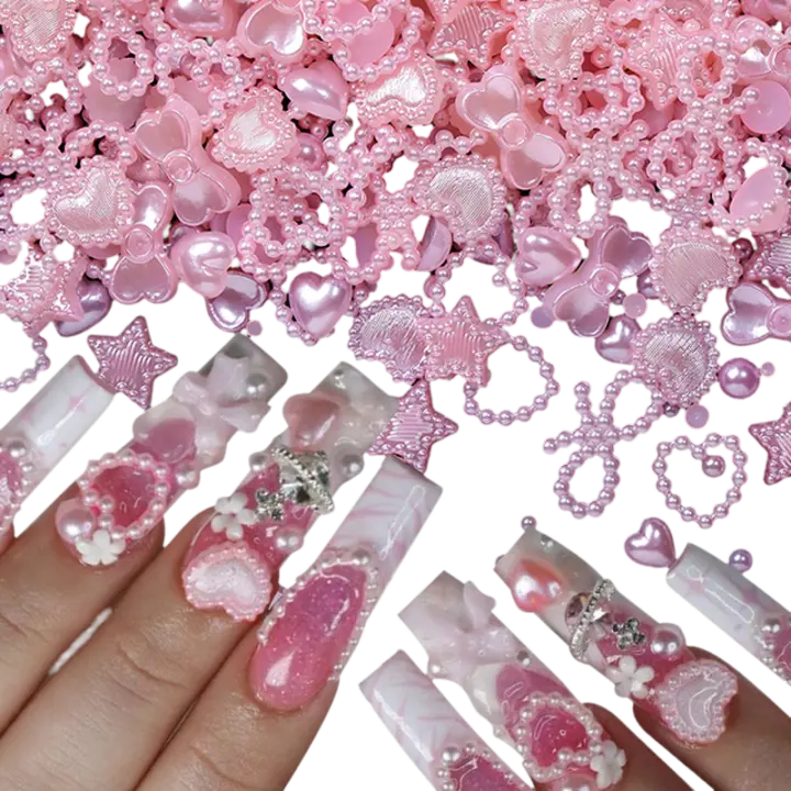 Decoraciones de Uñas Kawaii 100Pcs Perlas Rosa en Lazo de Corazón Arte de Uñas DIY Belleza - 1