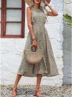 Vestido sin mangas con cintura hueca, estampado floral, elegante, cuello semialto - details 9