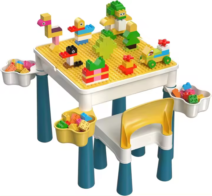 Juego de Mesa Actividades Construcción Múltiples 5 en 1, Mesa y Silla Infantil con Bloques de Construcción Grandes de 128 Piezas, Juegos de Construcción para Niños, Azul - 1