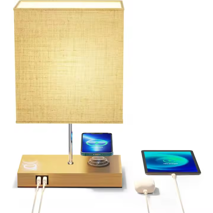 Lampara de Mesita de Noche, Lampara Multifuncional Tactil con Cargador Inalámbrico de 10W, Dos Puertos de USB, 3 Niveles de Brillo Regulable, Bombillas E27 - 1