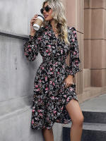 Vestido de manga larga de primavera para mujer, estampado elegante, cuello en V, informal, línea A, hasta la rodilla, cintura alta - details 3