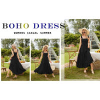 Vestido midi sin mangas para mujer, elegante, estilo bohemio, vestido de playa, estampado, cuello cuadrado, informal, largo. - details 1