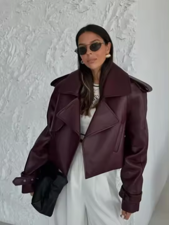 Chaqueta de Cuero Corta de Burgundy Elegante Manga Larga con Abeto Moda de Abrigo de Deportes y al Aire Libre para Mujeres - 1
