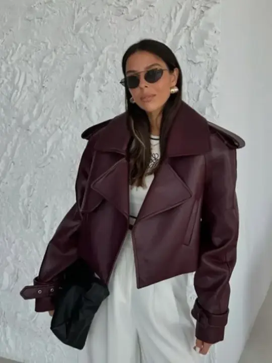 Chaqueta de Cuero Corta de Burgundy Elegante Manga Larga con Abeto Moda de Abrigo de Deportes y al Aire Libre para Mujeres - 1