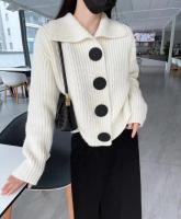 Cárdigan de lana suave para mujer, chaqueta con cuello grande con botones, suéter de punto acanalado - details 3