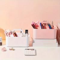 Cesta de almacenamiento de plástico de 5 compartimentos con asa, organizador de escritorio de oficina portátil para bolígrafos, lápices, papelería, colores mezclados - details 3