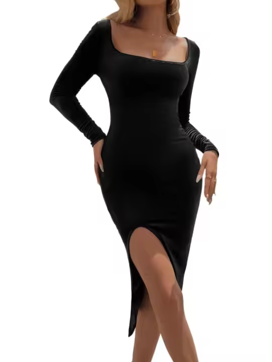 Vestido de manga larga para mujer Falda de fiesta elegante de color sólido - 1