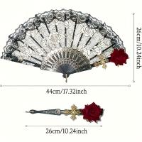 Abanico plegable vintage de encaje rosa flamenco español – Elegante abanico de mano negro para mujer, perfecto para fiestas y bodas, perfecto para decoración de habitaciones - details 0