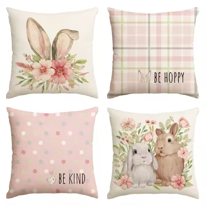 Funda de almohada con diseño de conejito y flores a cuadros Be Hoppy Easter, 18.0 x 18.0 in, diseño de lunares y pájaros Be Kind, juego de decoración de sofá de 4 - 1
