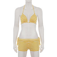 Conjunto de dos piezas de bikini a rayas sexy estilo vacacional americano Lianlianbuwang, top halter y shorts para chica atractiva - details 26