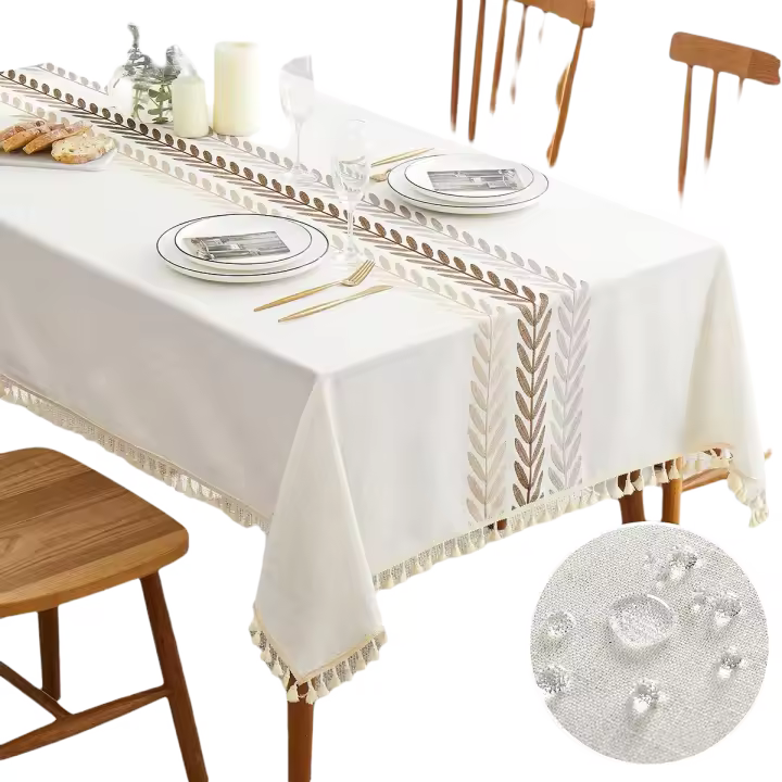 QIANQUHUI Mantel bordado para mesa de comedor, a prueba de caca, a prueba de derrames, resistente a la suciedad, lino de algodón rectangular - 1