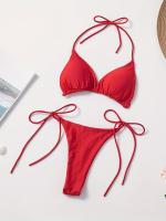 Conjunto De Bikini De Dos Piezas De Moda De Color Sólido, Con Cuello Halter, Triángulo Sin Espalda Y Lazos Laterales - details 21