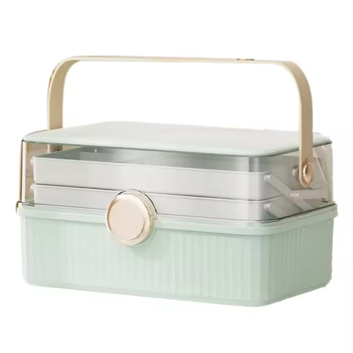 Caja de almacenamiento de cosméticos de gran capacidad, caja de almacenamiento de escritorio de plástico, lápiz labial a prueba de polvo, caja de almacenamiento adicional con tapa, verde claro - 1