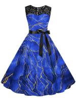 Vestido midi de fiesta elegante de verano con estampado floral, encaje, sin mangas, línea A y cinturón para mujer - details 19