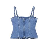 PB&ZA2025 chica atractiva, top vaquero ajustado con escote envolvente, cuello recto, hombros descubiertos, informal, versátil, para uso diario, novedad de verano, ropa de mujer - details 2