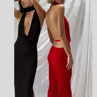 BUNO-Vestido con cuello Halter y huecos de gato extraño para mujer, vestido Sexy sin mangas con aberturas y cuello bajo, vestido ceñido largo coqueteo para banquete de medianoche - details 4