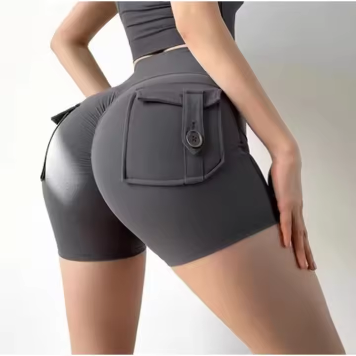 Shorts Sin Costuras de Cintura Alta para Mujeres Color Melocotón, Ajuste Ajustado, Con Bolsillos, Ideal para Deportes, Correr, Entrenar, Baile - 1