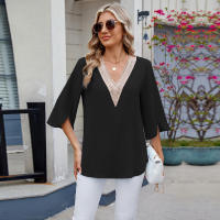 BUNO-2025 Blusa de moda con cuello en V para mujer, camisas de gasa de siete mangas con empalme de encaje, camisa holgada informal de Color sólido elegante para oficina, novedad de 20252 - details 16