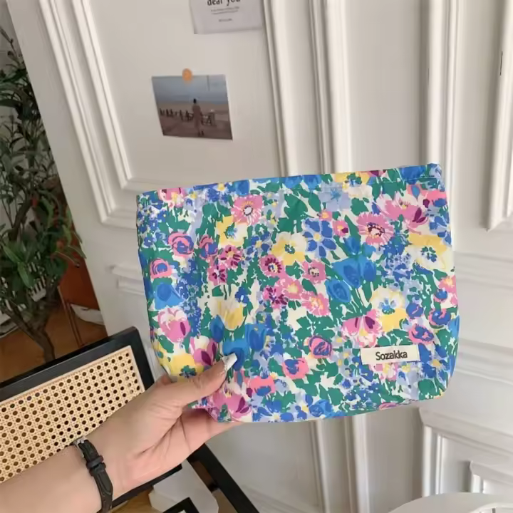 Bolsa de Maquillaje Floral de Algodón Monedero de Bolsillo con Cierre de Cremallera para Mujeres - 1