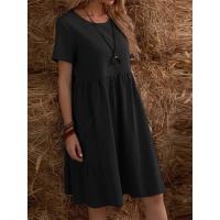 Vestido retro de algodón y lino con cuello redondo y bolsillos sueltos de color sólido para mujer - details 3