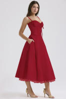 Vestido midi de satén con tirantes finos para mujer, abertura frontal, ahuecado, con bolsillos - details 49