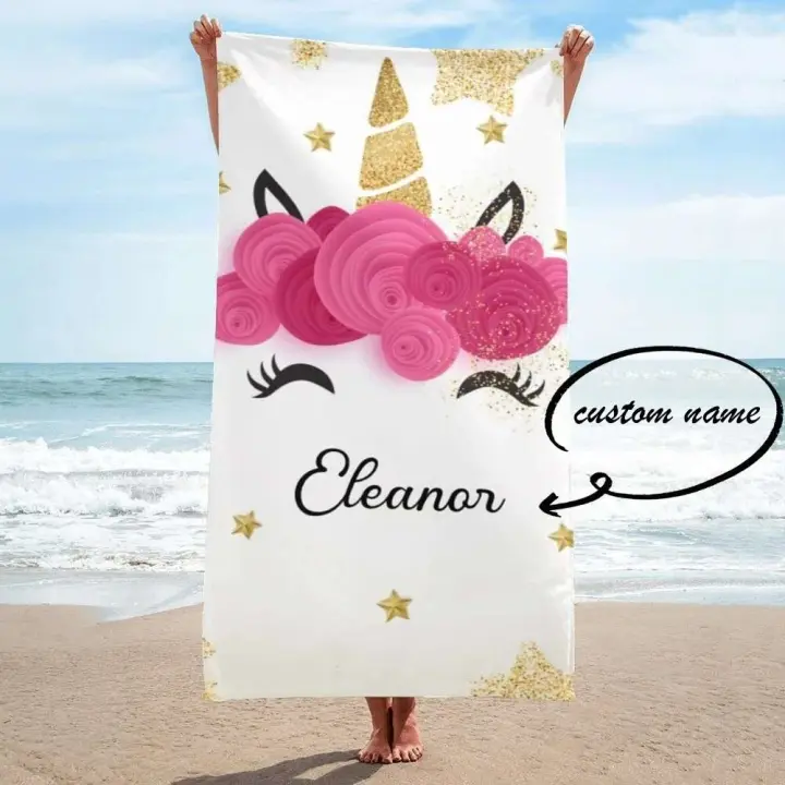 Toallas de baño con nombre personalizado, toalla deportiva de baño de playa con unicornio de dibujos animados para adultos y niños, cubierta de natación de secado rápido de microfibra - 1