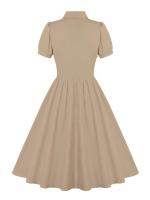 2025 nuevo Retro Turn Down Collar abotonada plisado sólido vestido de camisa de algodón de manga corta mujeres lisos Vintage vestidos hasta la rodilla - details 28