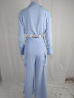 Women casual 2 pieces set elegant turn down collar long sleeve shirt and wide leg pants - details 12