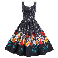 Women vintage spaghetti strap floral print high waist elegant sleeveless a-line party midi dress - details 33