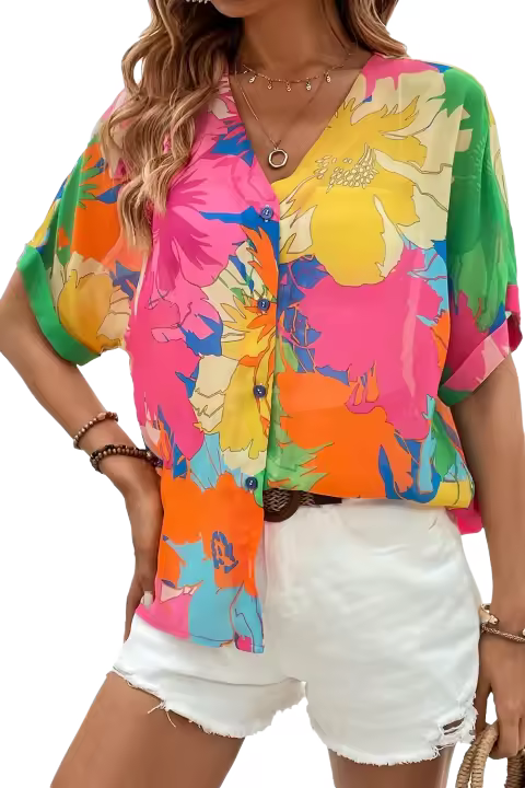 Elrachen Camisa de manga corta plegada con estampado floral para mujer, multicolor, tallas S-XL - 1