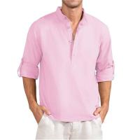 Camiseta de manga larga de lino para hombre, Tops sueltos de Color sólido, camisa de lino de algodón transpirable informal, primavera y verano - details 3
