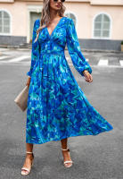 Vestido de manga larga con cuello en V estampado informal para vacaciones de otoño a la moda para mujer - details 10