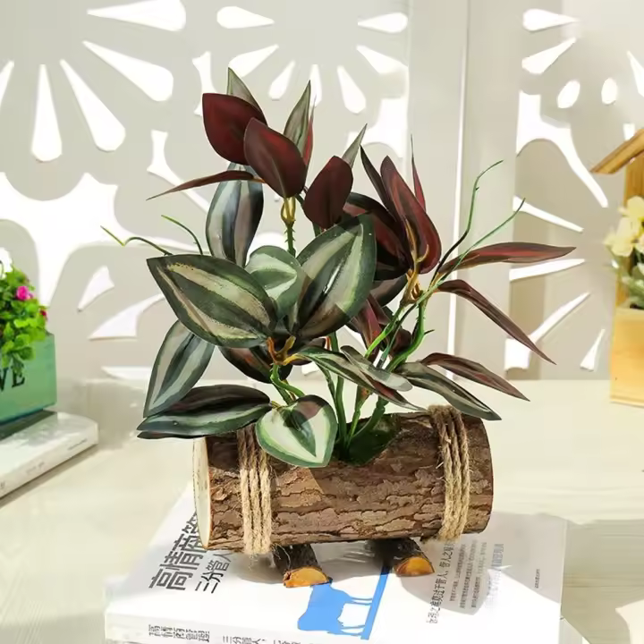 Maceta de madera para flores, planta verde de simulación, bonsái, hoja de seda, plantas verdes realistas, decoración hecha a mano - 1