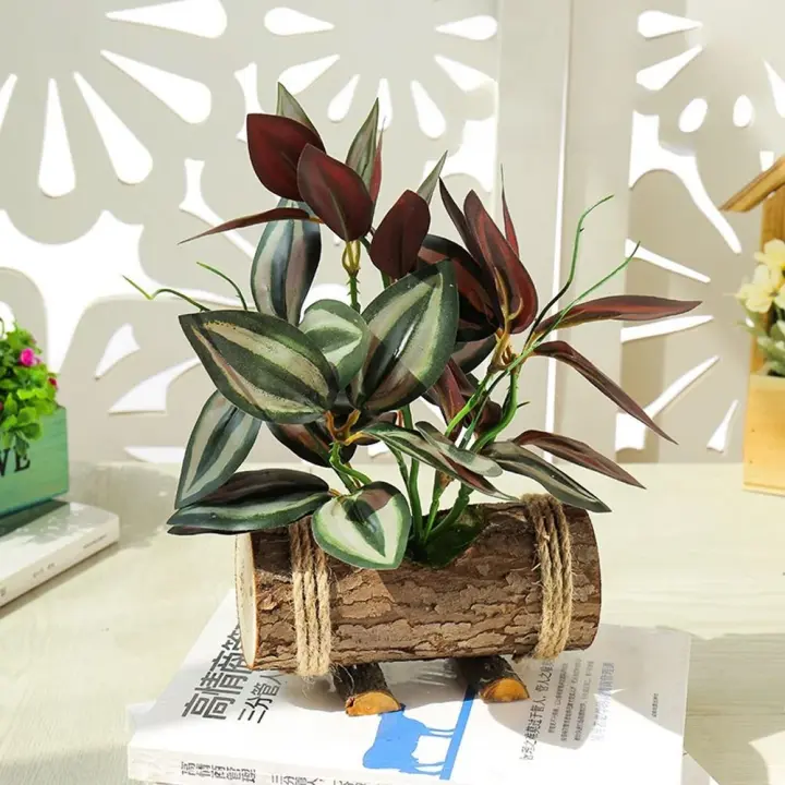 Maceta de madera para flores, planta verde de simulación, bonsái, hoja de seda, plantas verdes realistas, decoración hecha a mano - 1