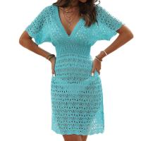 Mini vestido de playa de ganchillo con cuello en V, cubierta de punto de manga corta para mujer, túnica ligera de verano para traje de baño - details 31