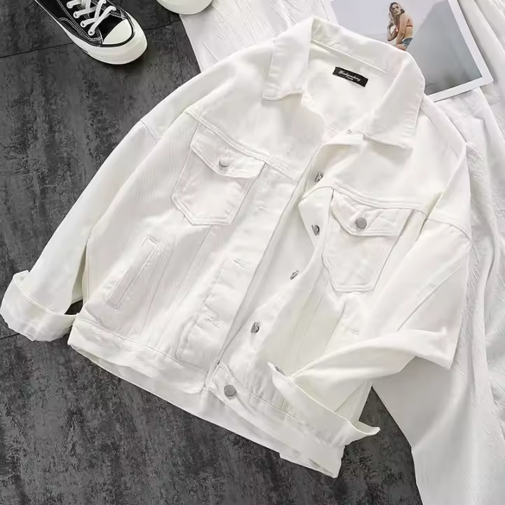 Chaqueta minimalista de estilo corto informal de mezclilla blanca, chaleco, ropa de calle para mujer, básica, otoño e invierno - 1