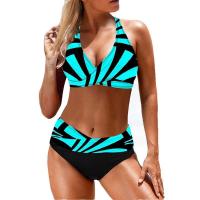 Conjunto de bikini de realce para mujer, traje de baño de rayas con cuello Halter, cintura alta, ropa de playa - details 3