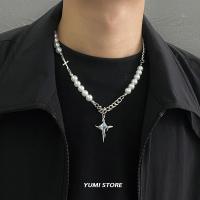 Collar cruzado de perlas de imitación de Hip Hop para hombres y mujeres, cadena de acero de titanio de tendencia, colgante Kpop, joyería, accesorios Unisex - details 3