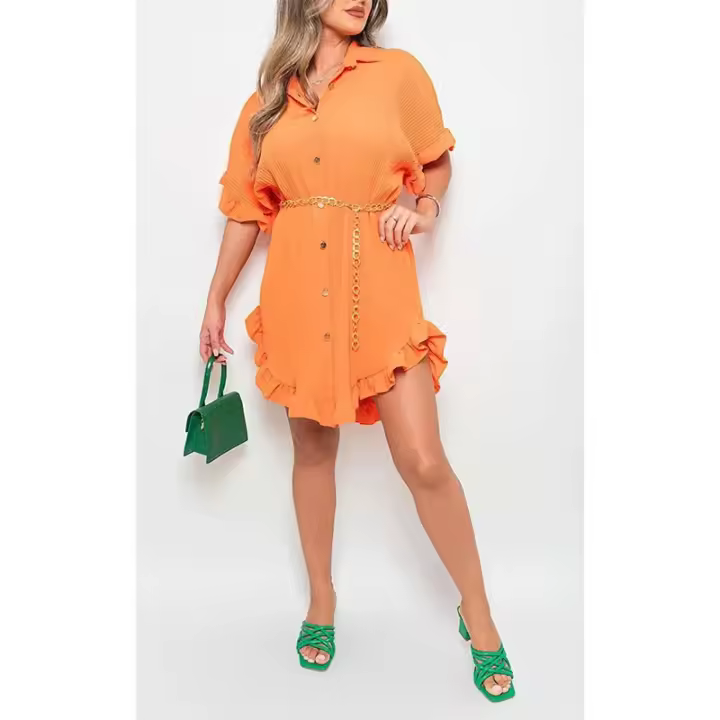 2025 nueva falda de verano de color liso con mangas con volantes y vestido camisero irregular - 1