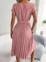 Spring Summer Women Short Sleeve Pleated Long Dress Elegant High Waist Floral Fashion A-line Dress - details 21