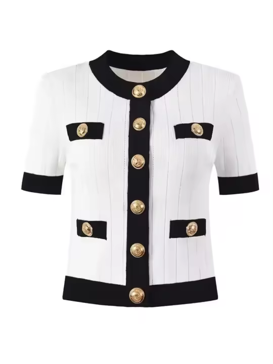 Suéter de punto elegante de manga corta, cuello redondo, botones dorados - 1