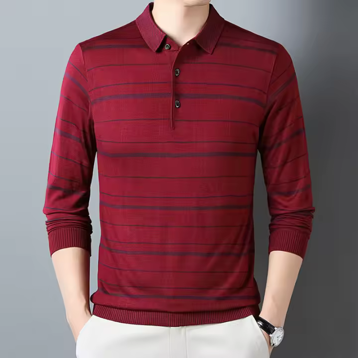 Camiseta Polo Casual de Manga Larga para Hombre 2024 Primavera Nueva Negocios Moda Rayas Transpirable Elástico Material Poliéster - 1