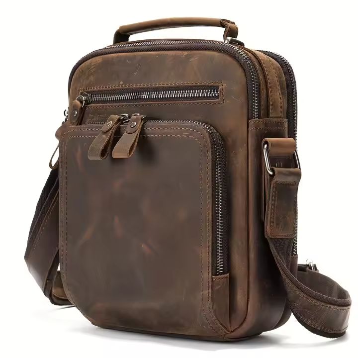 MVA Bolso bandolera vintage de piel auténtica para hombre, bolso bandolera multifuncional con forro de poliéster, bolso pequeño para tableta - Guangzhou Crafted - 1