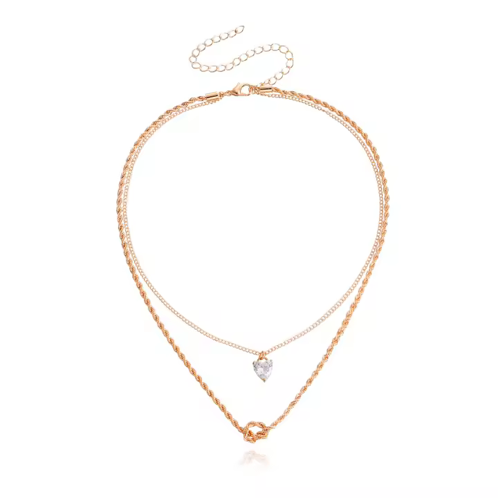 Collar con colgante de circonita y corazón de melocotón de doble capa para mujer, joyería con temperamento, cadena de giro Simple - 1