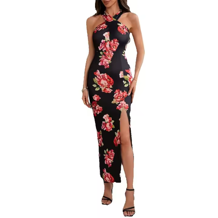 Vestido de alta gama vestido de chica caliente de punto elástico cuello cruzado espalda abierta aberturas cuello colgante vestido qipao - 1