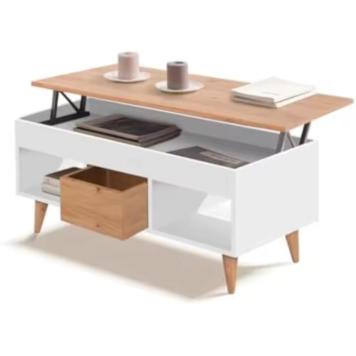 Mesa Centro Elevable con Cajón Deslizante y Huecos de almacenaje, Color Blanco y Madera. Medidas: 100cm x 50cm x 47cm. - 1