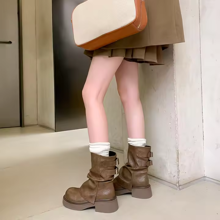 Nuevas botas de moda apiladas de tacón grueso con suela gruesa de estilo británico con realce interior versátil retro de moda - 1