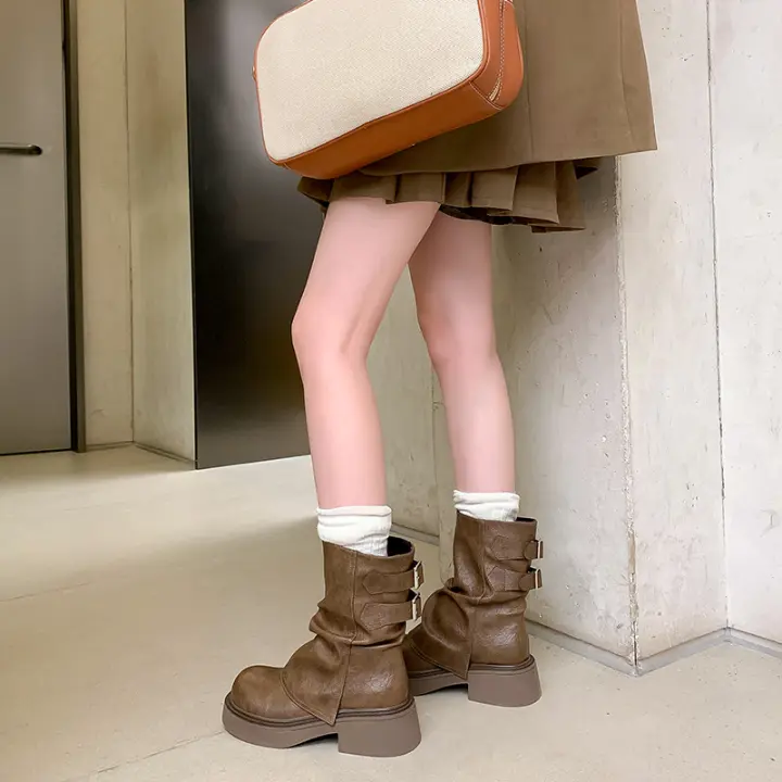 Nuevas botas de moda apiladas de tacón grueso con suela gruesa de estilo británico con realce interior versátil retro de moda - 1