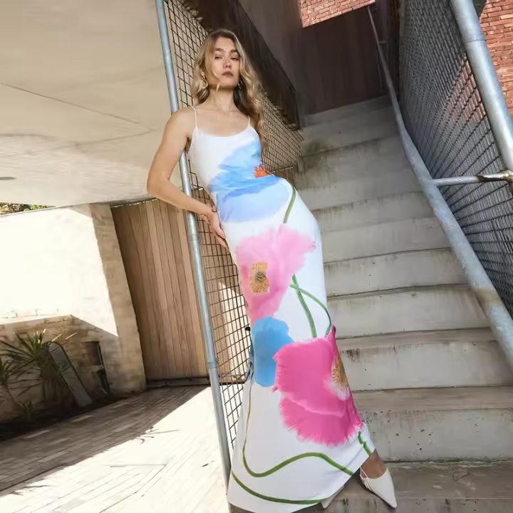 BUNO-Vestido Midi de malla con estampado Floral, traje largo con tirantes finos, cintura desnuda, a la moda, para vacaciones en la playa, Verano - 1